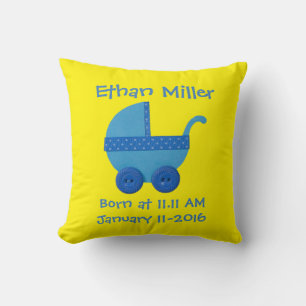 Personalize Blue Baby carriage baby boy shower Throw Pillow