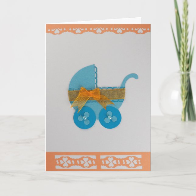 Personalize Blue baby stroller with orange bow Card (Front)
