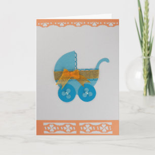 Personalize Blue baby stroller with orange bow Card