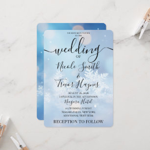 Personalize: Blue Bokeh Snowflakes Wedding Invitation