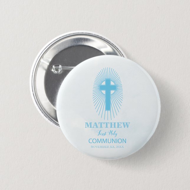 Personalize, Blue Boy First Holy Communion Cross 2 Inch Round Button (Front & Back)
