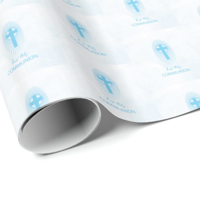 Personalize, Blue Boy First Holy Communion Cross Wrapping Paper (Roll Corner)