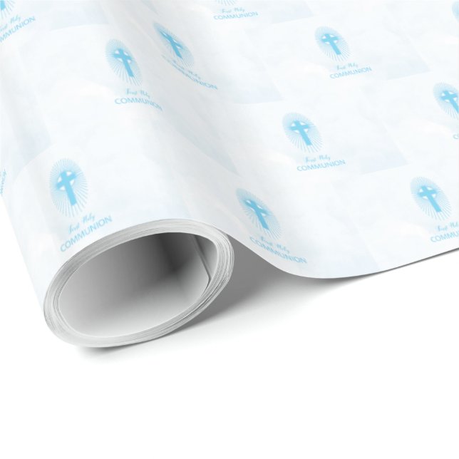 Personalize, Blue Boy First Holy Communion Cross Wrapping Paper (Roll Corner)