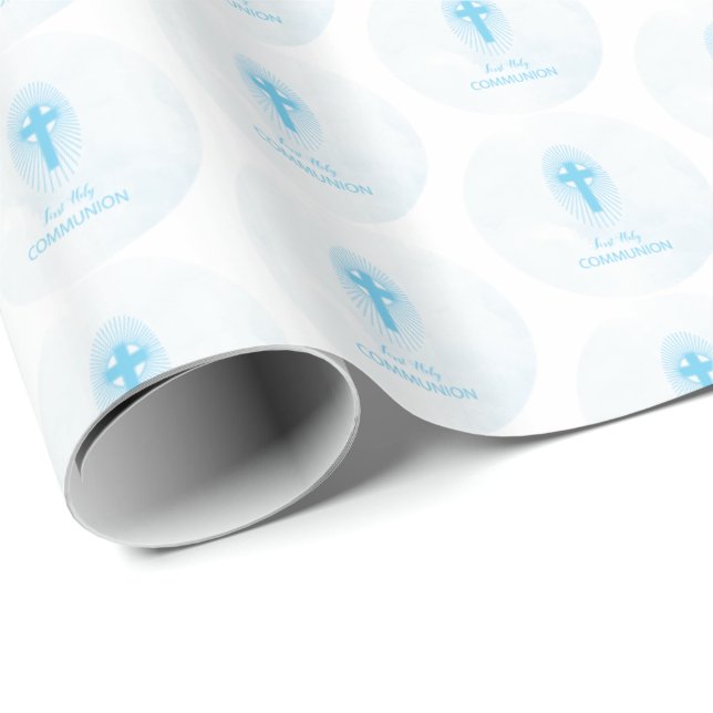 Personalize, Blue Boy First Holy Communion Cross Wrapping Paper (Roll Corner)