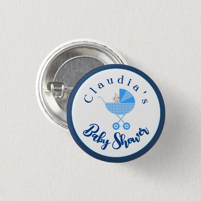 Personalize Blue Carriage Baby Shower Favour   1 Inch Round Button (Front & Back)
