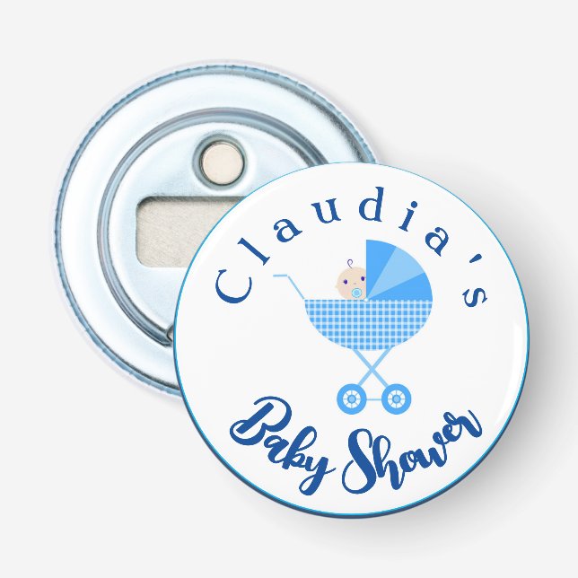 Personalize Blue Carriage Baby Shower Favour    Bottle Opener (Front)