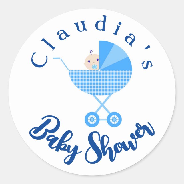 Personalize Blue Carriage Baby Shower Favour     Classic Round Sticker (Front)