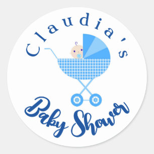 Personalize Blue Carriage Baby Shower Favour     Classic Round Sticker