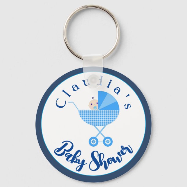 Personalize Blue Carriage Baby Shower Favour Keychain (Front)