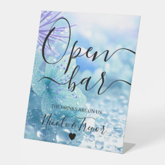 Personalize: Blue Dew Drop Flower Wedding Open Bar Pedestal Sign