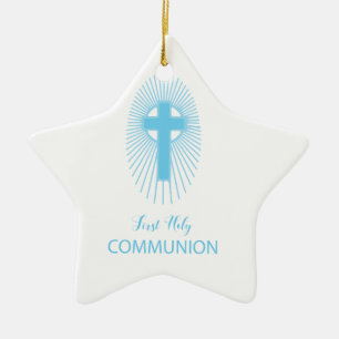 Personalize, Blue First Holy Communion Cross Host Ceramic Ornament