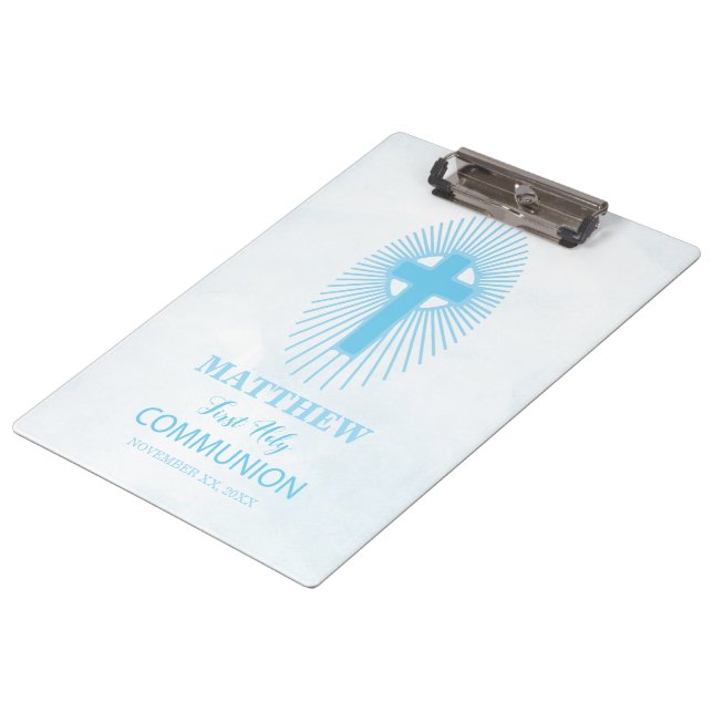 Personalize, Blue First Holy Communion Cross Host Clipboard (Angled)