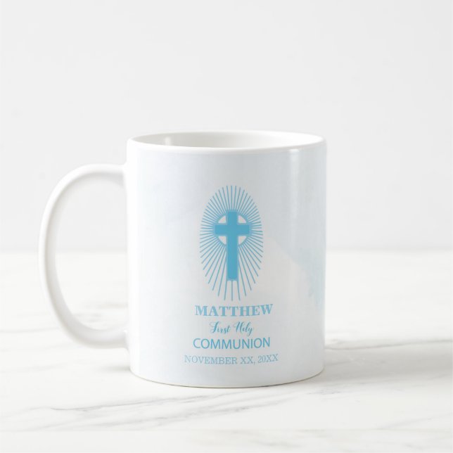 Personalize, Blue First Holy Communion Cross Host Coffee Mug (Left)
