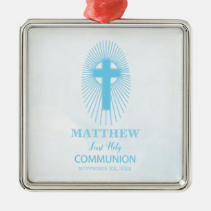 Personalize, Blue First Holy Communion Cross Host Metal Ornament