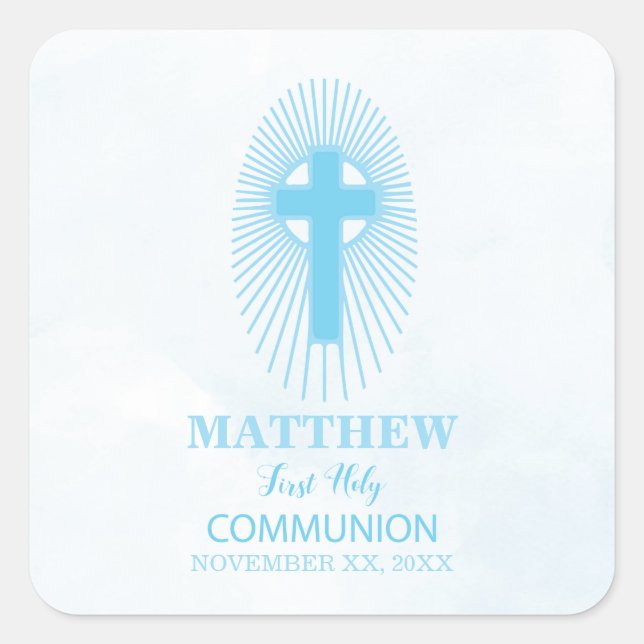 Personalize, Blue First Holy Communion Cross Host Square Sticker (Front)