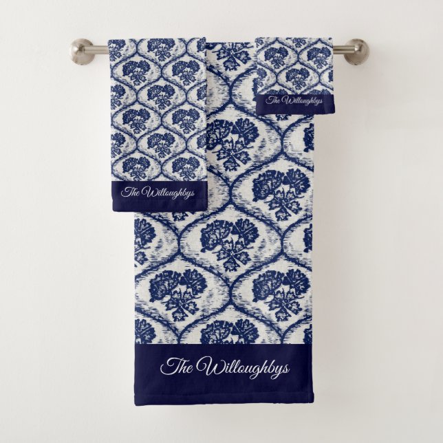 Personalize Blue Floral Pattern with Batik Effect Bath Towel Set (Insitu)