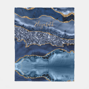 Personalize Blue Gold Glitter Agate Marble Trendy  Fleece Blanket