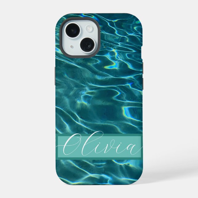 Personalize blue ocean waves iPhone 15 case (Back)
