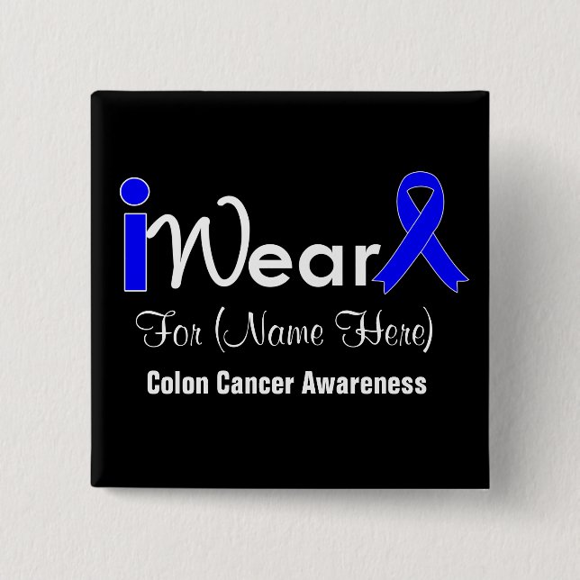 Personalize Blue Ribbon Colon Cancer 2 Inch Square Button (Front)