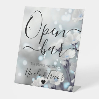 Personalize: Blue Sparkle Flowers Wedding Open Bar Pedestal Sign