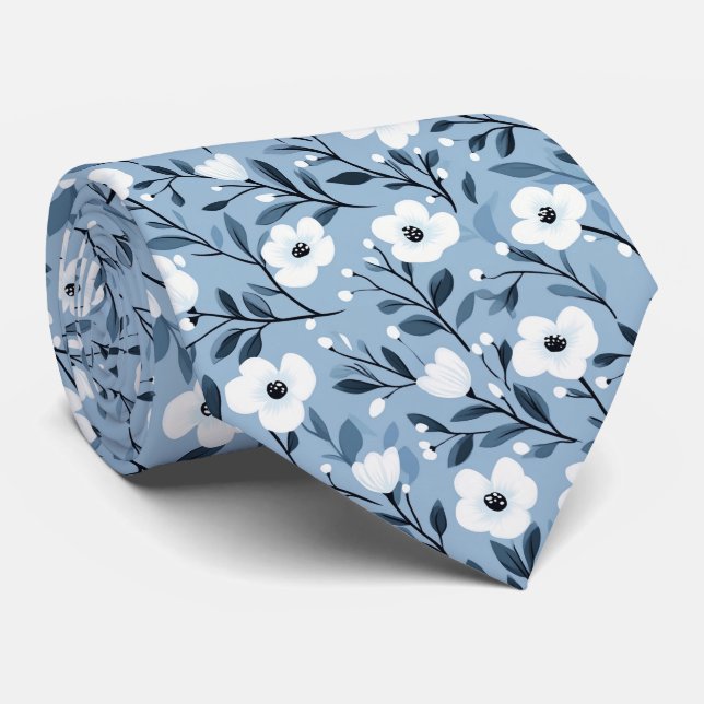 Personalize Blue White Bold Botanical Floral Tie (Rolled)