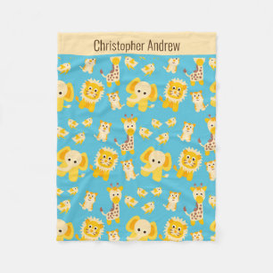 Personalize Blue Yellow Jungle Safari Animals Baby Fleece Blanket