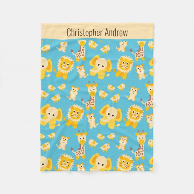 Personalize Blue Yellow Jungle Safari Animals Baby Fleece Blanket (Front)