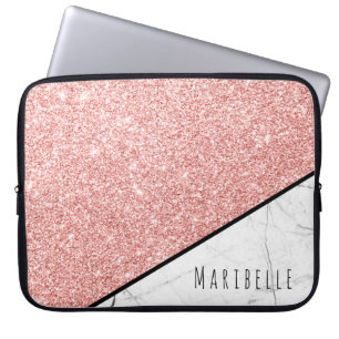 Personalize Blushed Rose Gold Faux Glitter Marble Laptop Sleeve