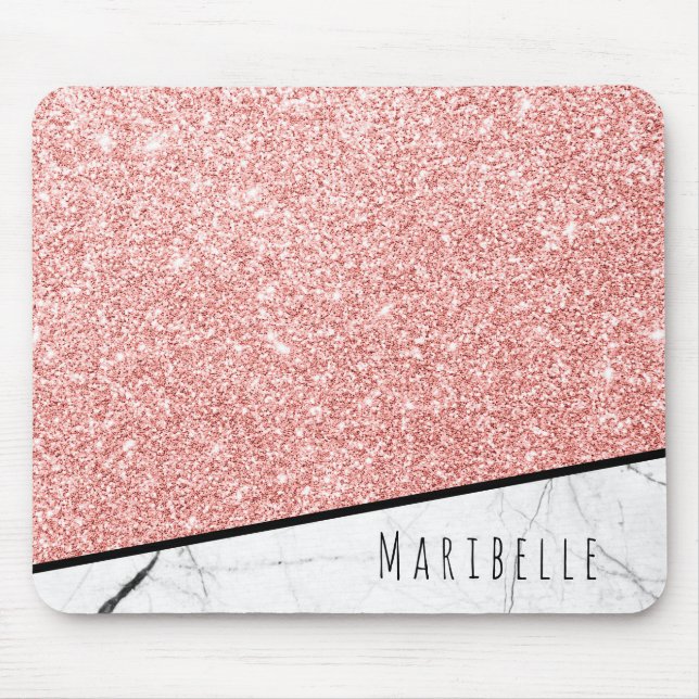 Personalize Blushed Rose Gold Faux Glitter Marble Mouse Pad (Front)