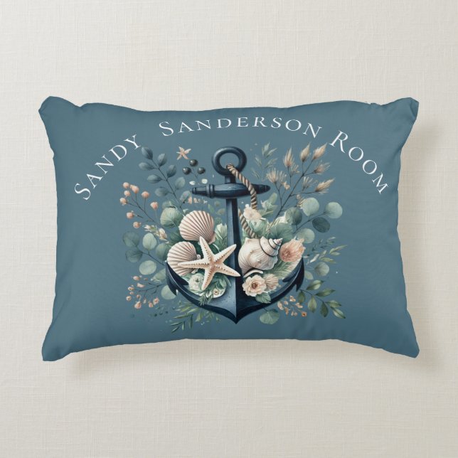 Personalize Boho Blue Coastal Anchor Round   Accent Pillow (Front)