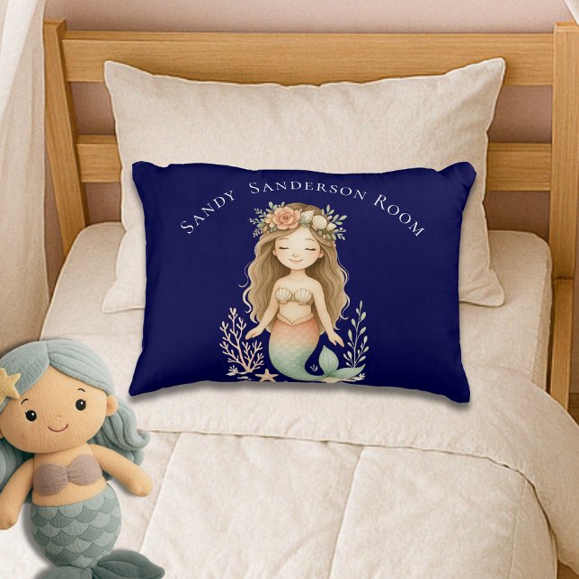  Personalize Boho Girl Mermaid Navy Blue Round  Accent Pillow (Creator Uploaded)