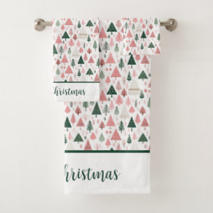 Personalize Boho Pink Green Christmas Tree Holiday Bath Towel Set