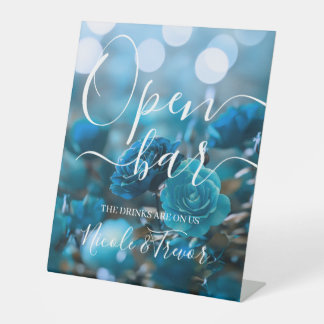 Personalize: Bokeh & Blue Roses Wedding Open Bar Pedestal Sign
