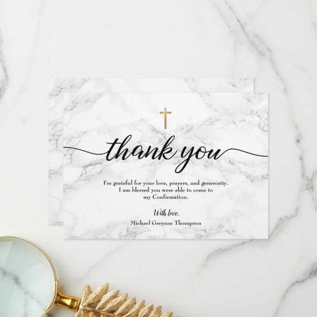 Personalize boy Confirmation Marble Gold cross Thank You Card (Front/Back In Situ)