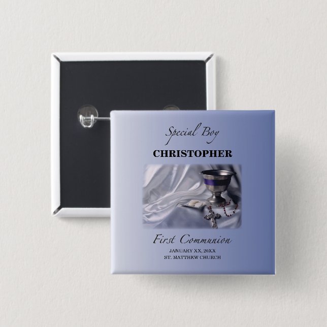 Personalize, Boy, First Communion Blue 2 Inch Square Button (Front & Back)