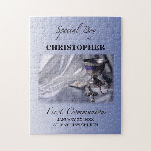 Personalize, Boy, First Communion Blue Jigsaw Puzzle (Vertical)