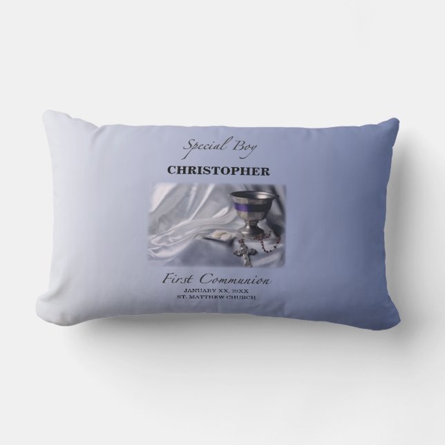 Personalize, Boy, First Communion Blue Lumbar Pillow (Front)