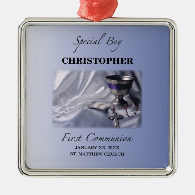 Personalize, Boy, First Communion Blue Metal Ornament (Front)