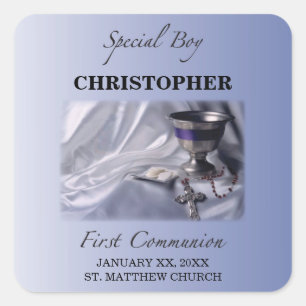 Personalize, Boy, First Communion Blue Square Sticker
