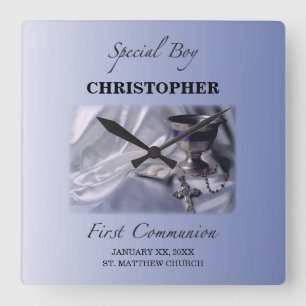 Personalize, Boy, First Communion Blue Square Wall Clock