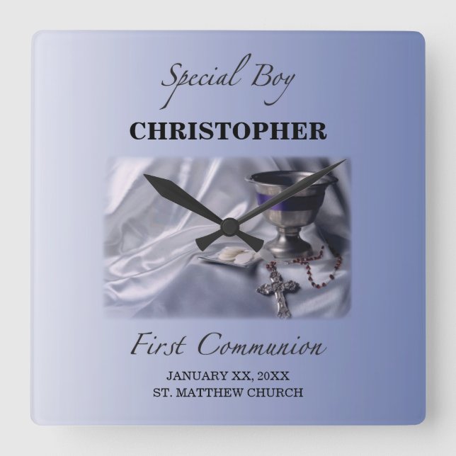 Personalize, Boy, First Communion Blue Square Wall Clock (Front)