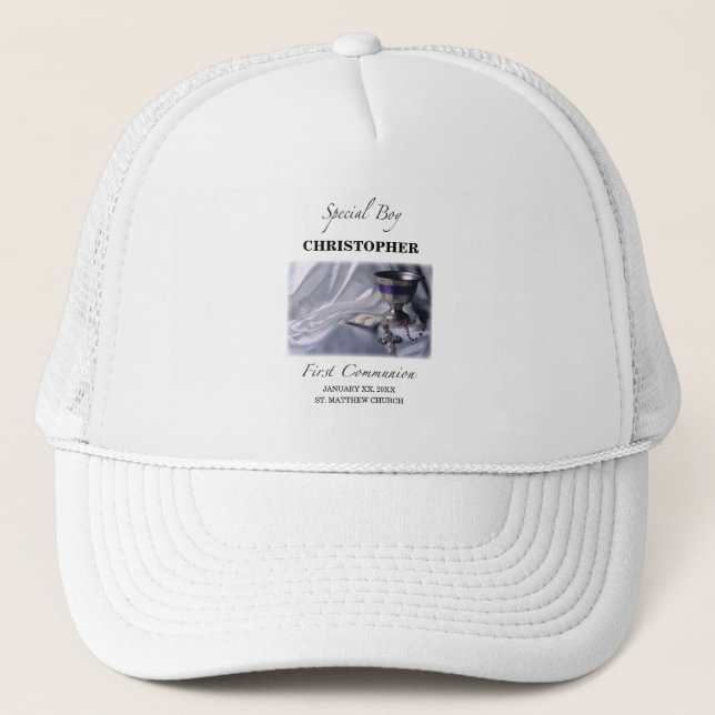 Personalize, Boy, First Communion Blue Trucker Hat (Front)