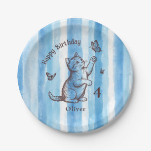 Personalize Boy Vintage Blue Kitten Birthday Paper Plate