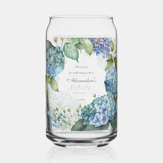 Personalize Bridal Shower Blue Hydrangeas Can Glass (Front)