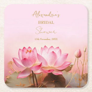 Personalize Bridal Shower Pink Lotus  Square Paper Coaster
