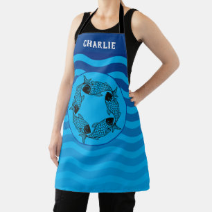 Personalize Bright Blue Waves & Circle of Fish Apron