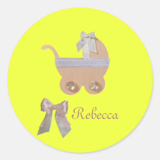 Personalize Bright peach colour baby carriage Classic Round Sticker (Front)
