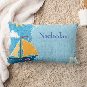 Personalize Bright Yellow Sun Blue Sail Boat Lumbar Pillow