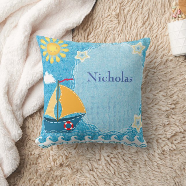 Personalize Bright Yellow Sun Blue Sail Boat  Throw Pillow (Blanket)