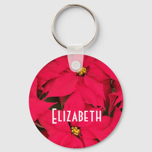Personalize Brightly Coloured Christmas Poinsettia Keychain (Front)